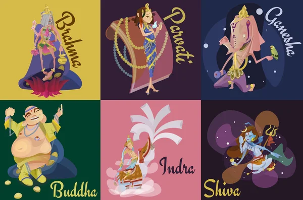 Set of isolated Indian Gods meditation in yoga poses lotus and Goddess hinduism religion, traditional asian culture spiritual mythology, deity worship festival vector illustrations, T-shirt concepts — Stock Vector