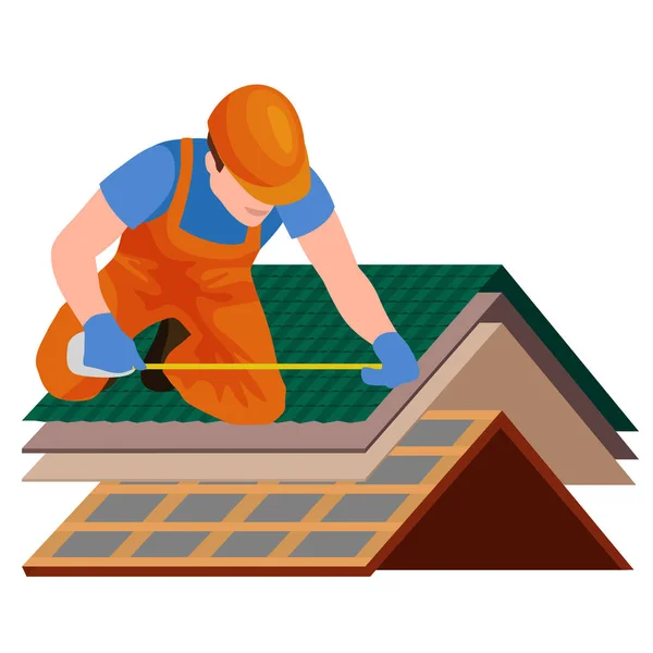 Dachbauarbeiter reparieren Haus, bauen Struktur Befestigung Dachziegel Haus mit Arbeitsgeräten, Dachdecker Männer mit Arbeitswerkzeugen in den Händen im Freien Renovierung Wohnvektor Illustration — Stockvektor