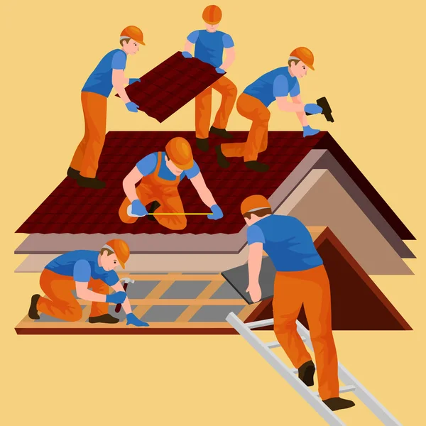 Roof construction worker repair home, build structure fixing rooftop