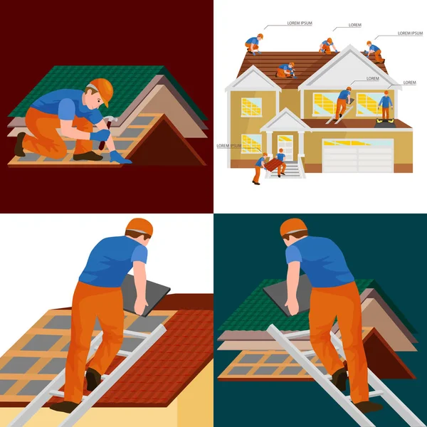 Çatı inşaat işçisi onarım ev, açık havada yenileme konut vektör çizim emek ekipmanlı, iş araçları ellerinde erkeklerle çatı ustası çatı kiremit evi tamir yapı yapı — Stok Vektör
