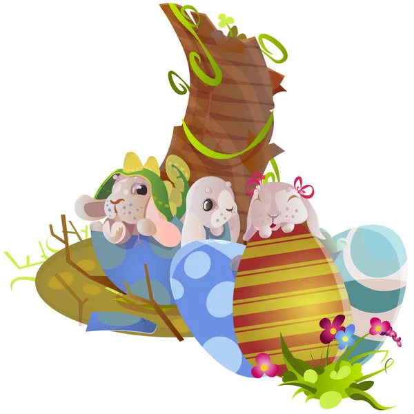 Set of easter chocolate egg hunt bunny basket on green grass decorated flowers, rabbit funny ears, happy spring holiday tradition greeting card or banner collection vector illustration background1 — Stock Vector