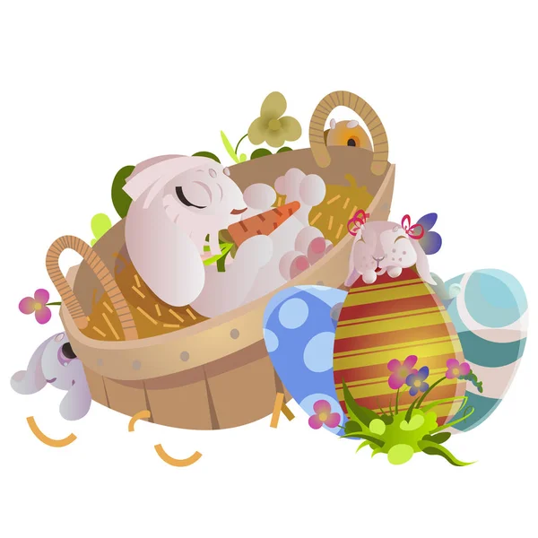 Sada Velikonoční čokoládové vajíčko hon zajíček košík na zelené trávě zdobené květinami, směšné uši králíka, šťastný jarní dovolenou tradice blahopřání nebo nápis kolekce vektorové ilustrace background1 — Stockový vektor