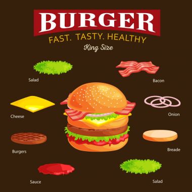 Izgara burger beef sebze kümesi ile sos topuz aperatif, hamburger lokanta yemek menüsü Barbekü eti detaylı bireysel uçan dilimleri menü malzemeler vecor resimde arka plan ile giyinmiş