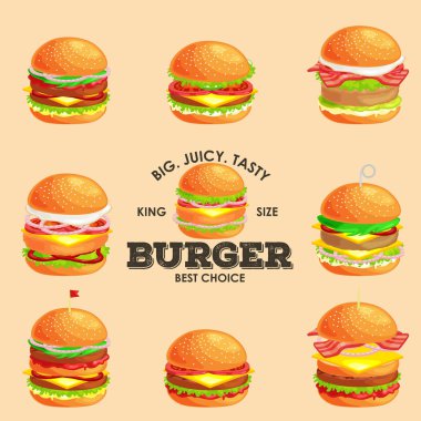 Lezzetli hamburger ızgara sığır eti ve taze sebze sos aperatif veya yemek, hamburger için topuz ile giyinmiş kümesidir klasik Amerikan fast food yemek her zamanki menü barbekü et ekmek domates peynir olabilir