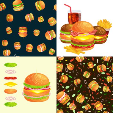 Izgara burger sığır eti ve taze sebze sos topuz aperatif, detaylı uçan dilimleri menü malzemeler vecor çizim ile Amerikan hamburger fastfood barbekü et yemek Hamburger ile giyinmiş