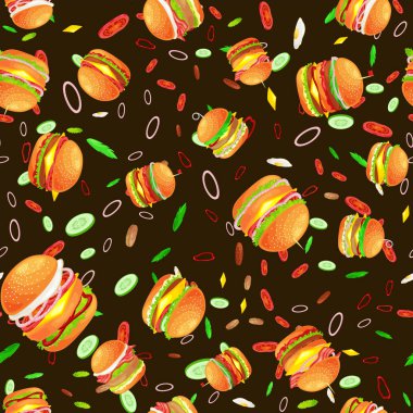 Dikişsiz desen lezzetli hamburger ızgara sığır eti ve taze sebze sos topuz için meze, Amerikan hamburger lokanta yemek menüsü barbekü et ekmek domates peynir vecor resimde arka plan ile giyinmiş