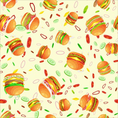Dikişsiz desen lezzetli hamburger ızgara sığır eti ve taze sebze sos topuz için meze, Amerikan hamburger lokanta yemek menüsü barbekü et ekmek domates peynir vecor resimde arka plan ile giyinmiş