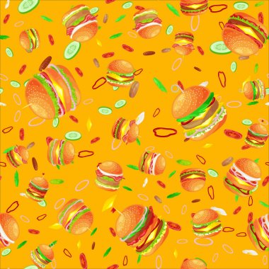 Dikişsiz desen lezzetli hamburger ızgara sığır eti ve taze sebze sos topuz için meze, Amerikan hamburger lokanta yemek menüsü barbekü et ekmek domates peynir vecor resimde arka plan ile giyinmiş