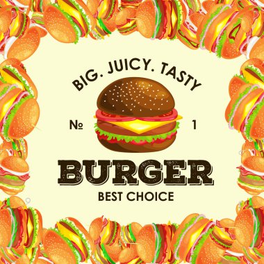 Çerçeve lezzetli hamburger ızgara sığır eti ve taze sebze sos topuz için meze, Amerikan hamburger lokanta yemek menüsü barbekü et ekmek domates peynir vecor resimde arka plan ile giyinmiş