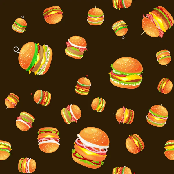 Seamless pattern tasty burger grilled beef and fresh vegetables dressed with sauce bun for snack, american hamburger fast food meal menu barbecue meat bread tomato cheese vecor illustration background — Stock Vector