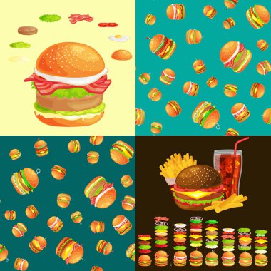 Izgara burger sığır eti ve taze sebze giyinmiş sos bun için meze, Amerikan hamburger fast food barbekü et yemek ekmek domates peynir, Hamburger vecor resimde arka plan ile