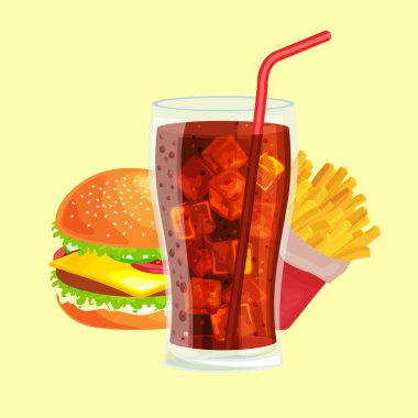 Lezzetli hamburger ızgara sığır eti ve taze sebze atıştırmak, soğuk gazoz kahverengi buz içki vecor resimde arka plan ile Amerikan hamburger fast food yemek patates kızartması için sos topuz ile giyinmiş
