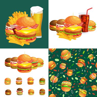 Izgara burger sığır eti ve taze sebze giyinmiş sos bun için meze, Amerikan hamburger fast food barbekü et yemek ekmek domates peynir, Hamburger vecor resimde arka plan ile