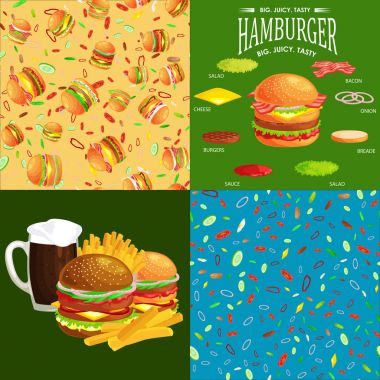 Izgara burger beef sebze kümesi ile sos topuz aperatif, hamburger lokanta yemek menüsü Barbekü eti detaylı bireysel uçan dilimleri menü malzemeler vecor resimde arka plan ile giyinmiş