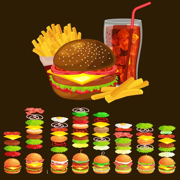 Set von leckeren Burgern gegrilltes Rindfleisch und frisches Gemüse mit Soße Brötchen für Snacks, amerikanische Hamburger Fast-Food-Mahlzeit Pommes frites mit kaltem Soda braun Eisgetränk Vecor Illustration Hintergrund — Stockvektor