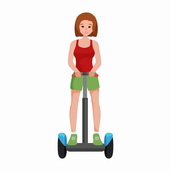 Peuples actifs plaisir avec scooter électrique, nouvelle technologie moderne hoverboard, femme auto équilibre roue de transport gyroscooter rouler l'illustrateur vecteur de rue — Image vectorielle