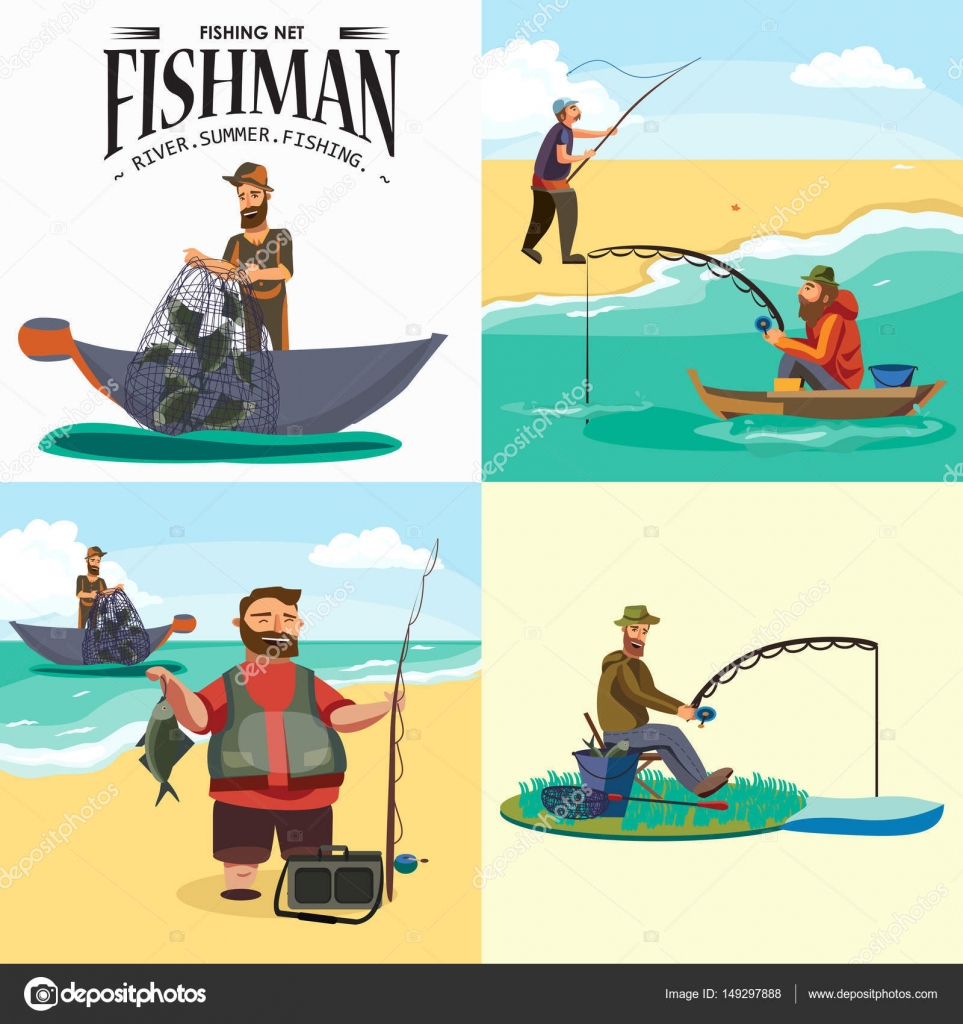 Cartoon fisherman standing in hat and pulls net on boat out of sea