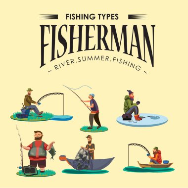 Çizgi film balıkçı yakalar balık tekne fisher oturan kümesi olta suya attı, mutlu fishman catch tutar ve spin, adam buz simge vektör çizim üzerinde balık sudan net çeker