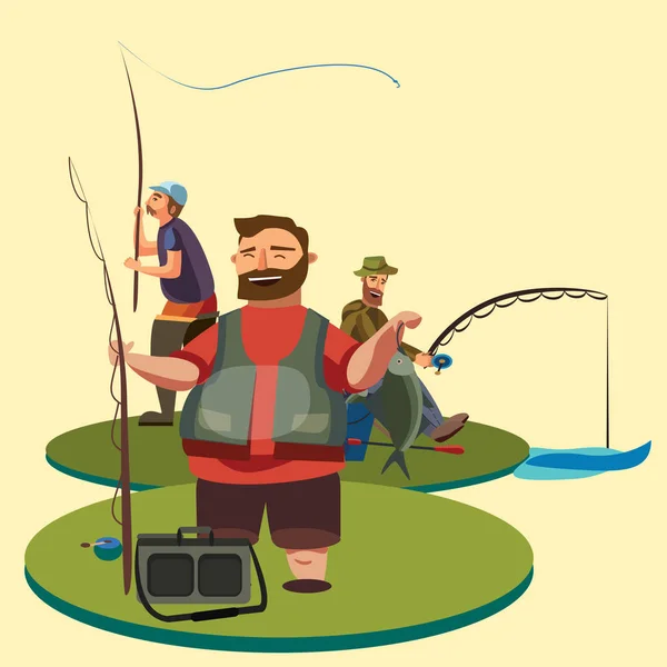 Gelukkig visser staat en houdt in de hand hengel met spinnen en vis vangen, tas met fishman spin en apparatuur, grappige cartoon vectorillustratie, Man actieve vakantie banner of Flyer concept — Stockvector