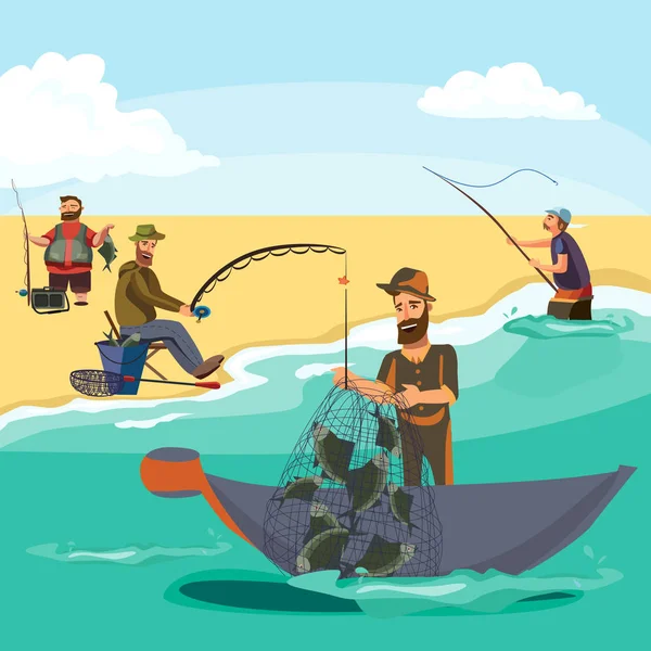 Pescatore cartone animato in piedi in cappello e tira la rete sulla barca fuori dal mare, pescatore felice tiene pesce cattura e spin vecor illustrazione pescatore gettato canna da pesca nel concetto di acqua, uomo personaggio hobby attivo — Vettoriale Stock