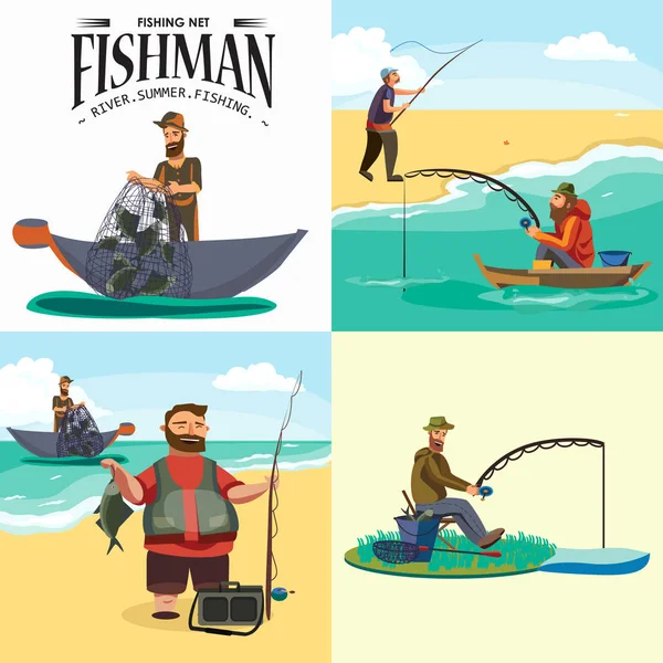 Kreslený rybář stojící v klobouku a táhne čisté na loď z moře, happy fishman drží úlovků ryb a spin vecor ilustrace fisher hodil prut do vody koncept, aktivní hobby postav — Stockový vektor
