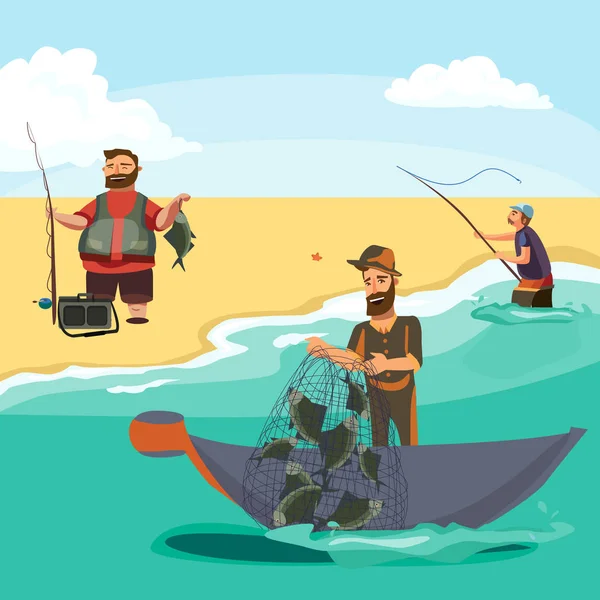 Γελοιογραφία ψαράς στέκεται στο καπέλο και τραβά καθαρές με βάρκα από θάλασσα, ευτυχισμένος fishman κατέχει αλιευμάτων και spin vecor εικονογράφηση ψαράς έριξε καλάμι ψαρέματος στο νερό έννοια, ο άνθρωπος ενεργός χόμπι χαρακτήρα — Διανυσματικό Αρχείο