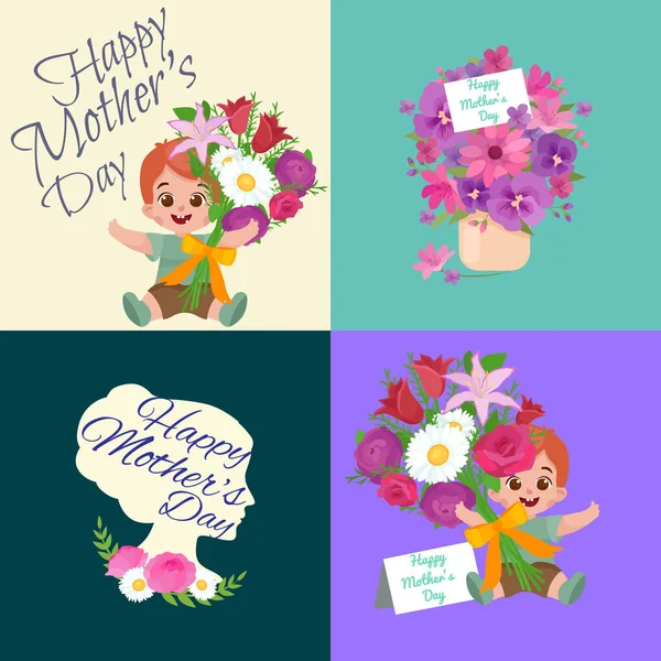 Conjunto de tarjetas de día madres felices con texto de saludo y niños, bebé y niña con bouqkuet de flores en estilo plano, letras mamá celebración cartel fondo diseño vector ilustración — Vector de stock