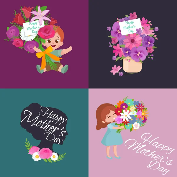 Set of Happy mothers day cards with greeting text and kids, baby boy and girl with bouqkuet of flowers in flat style, lettering mom celebration poster background design vector illustration — Stock Vector