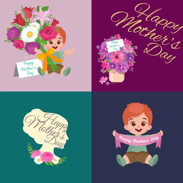 Conjunto de tarjetas de día madres felices con texto de saludo y niños, bebé y niña con bouqkuet de flores en estilo plano, letras mamá celebración cartel fondo diseño vector ilustración — Vector de stock