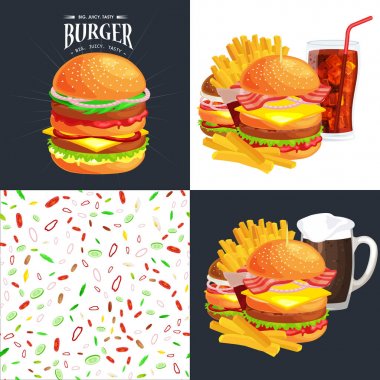 Izgara burger sığır eti ve taze sebze sos topuz aperatif, Amerikan hamburger fastfood barbekü et yemek Hamburger menü malzemeler vecor detaylı uçan dilim ile giyinmiş