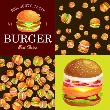 Izgara burger sığır eti ve taze sebze giyinmiş sos bun için meze, Amerikan hamburger fast food barbekü et yemek ekmek domates peynir, Hamburger vecor resimde arka plan ile