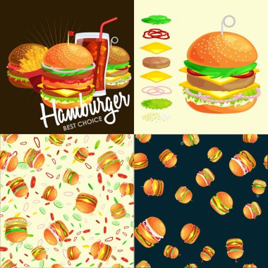 Izgara burger sığır eti ve taze sebze sos topuz aperatif Amerikan hamburger fastfood barbekü et yemek ile Hamburger menü malzemeler vecor resimde ayrıntılı uçan dilimleri ile giyinmiş