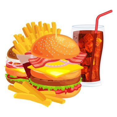 Lezzetli hamburger ızgara sığır eti ve taze sebze atıştırmak, soğuk gazoz kahverengi buz içki vecor resimde arka plan ile Amerikan hamburger fast food yemek patates kızartması için sos topuz ile giyinmiş