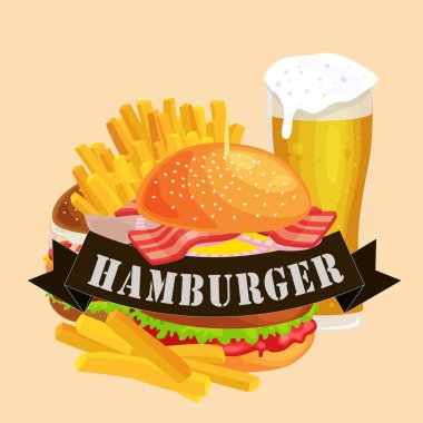 Lezzetli hamburger kümesi sığır eti ızgara ve taze sebze atıştırmak, soğuk ile Amerikan hamburger fast food yemek patates kızartması için sos topuz ile giyinmiş kahverengi buz içki vecor resimde arka plan ayı