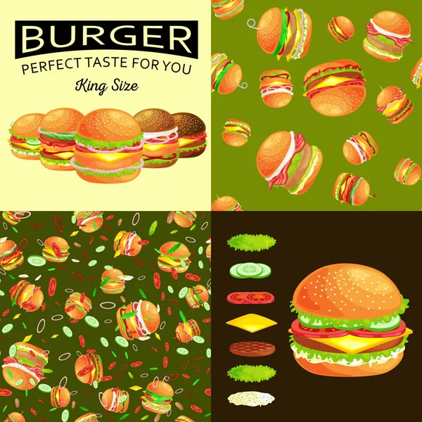 Набор гамбургер жареная говядина и свежие овощи, одетые с булочкой соуса на закуску, американский гамбургер фаст-фуд барбекю мясо еды с хлебом томатный сыр, гамбургер векор иллюстрации фон — стоковый вектор