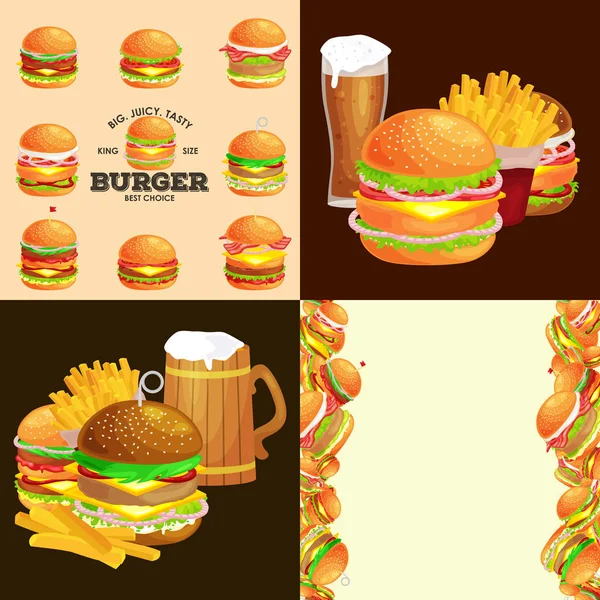 Set of burger grilled beef and fresh vegetables dressed with sauce bun snack american hamburger fastfood barbecue meat meal Hamburger with detailed flying slices of menu ingredients vecor illustration — Stock Vector