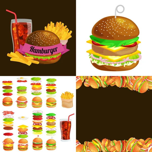 Izgara burger beef sebze kümesi ile sos topuz aperatif, hamburger lokanta yemek menüsü Barbekü eti detaylı bireysel uçan dilimleri menü malzemeler vecor resimde arka plan ile giyinmiş — Stok Vektör