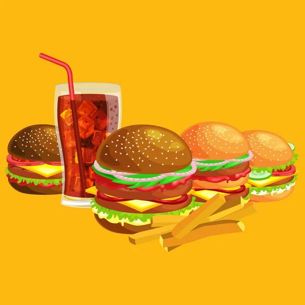 Набор вкусных гамбургеров жареная говядина и свежие овощи, одетые с булочкой соуса на закуску, американский гамбургер фаст-фуд картофель фри с холодной содой коричневый напиток векор иллюстрация фон — стоковый вектор