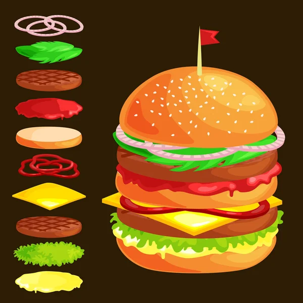 Conjunto de hamburguesas a la parrilla verduras de res vestidas con salsa bollo snack, hamburguesas menú de comida rápida barbacoa carne con detalladas rebanadas individuales menú ingredientes vecor ilustración fondo — Vector de stock