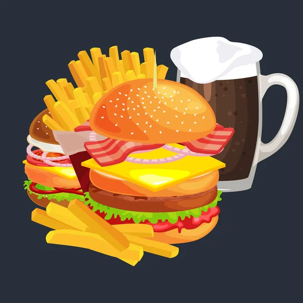 Набор вкусных гамбургеров жареная говядина и свежие овощи, одетые с булочкой соуса для закусок, американский гамбургер фаст-фуд картофель фри с холодным медведем коричневый напиток векор иллюстрации — стоковый вектор
