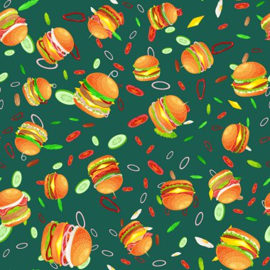 Dikişsiz desen lezzetli hamburger ızgara sığır eti ve taze sebze sos topuz için meze, Amerikan hamburger lokanta yemek menüsü barbekü et ekmek domates peynir vecor resimde arka plan ile giyinmiş