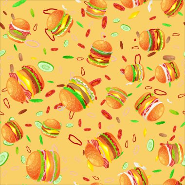 Dikişsiz desen lezzetli hamburger ızgara sığır eti ve taze sebze sos topuz için meze, Amerikan hamburger lokanta yemek menüsü barbekü et ekmek domates peynir vecor resimde arka plan ile giyinmiş