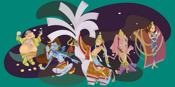 在瑜伽中的孤立的印度教神冥想套构成莲花和女神印度教宗教，传统的亚洲文化精神的神话中，神崇拜节日矢量插图，t 恤概念 — 图库矢量图片