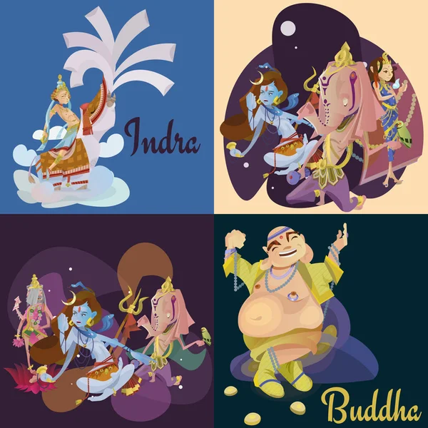 Conjunto de deuses hindus isolados meditação em ioga coloca lótus e deusa hinduísmo religião, cultura asiática tradicional mitologia espiritual, divindade adoração festival vetor ilustrações, conceitos de t-shirt — Vetor de Stock