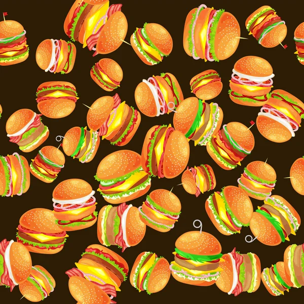 Naadloze patroon smakelijke Hamburger gegrild rundvlees en verse groenten met saus broodje voor snack, Amerikaanse hamburger fast-food maaltijd barbecue vlees vecor illustratie menuachtergrond gekleed — Stockvector