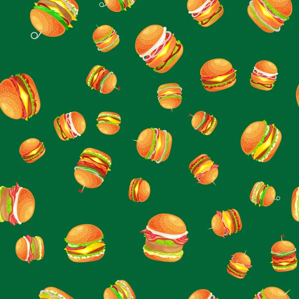 Varrat nélküli mintát finom hamburgert, sült marha- és friss zöldségek öltözött mártással Bun, snack, Amerikai hamburger gyorséttermi étkezés menü grill hús vecor illusztráció háttér — Stock Vector