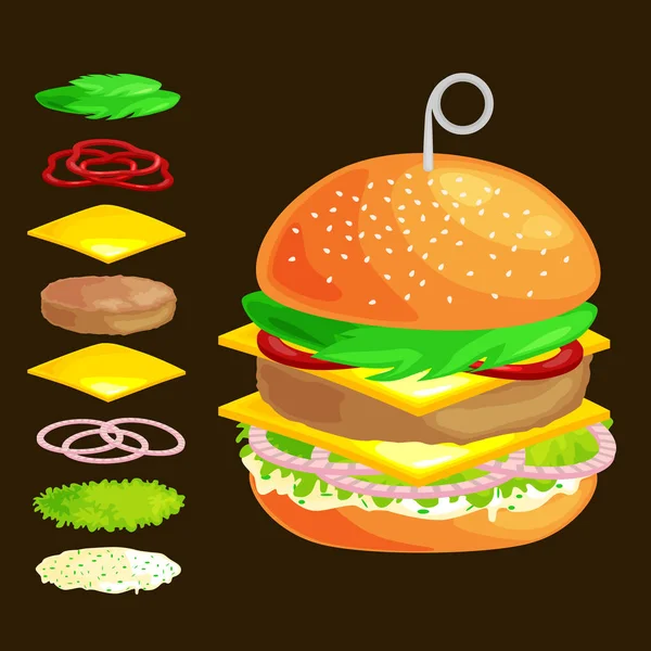 Set of burger grilled beef vegetables dressed with sauce bun snack, hamburger fast food meal menu barbecue meat with detailed individual flying slices menu ingredients vecor illustration background — Stock Vector
