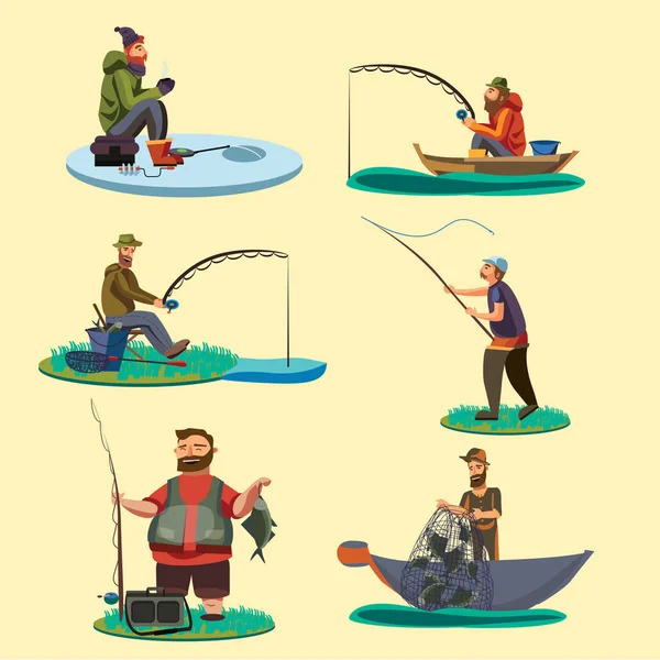 Set van visser vangt vis zitten op boot en kust, fisher gooide hengel in water, gelukkig fishman houdt vangst en spin, man trekt net uit het water op het ijs pictogram vectorillustratie — Stockvector