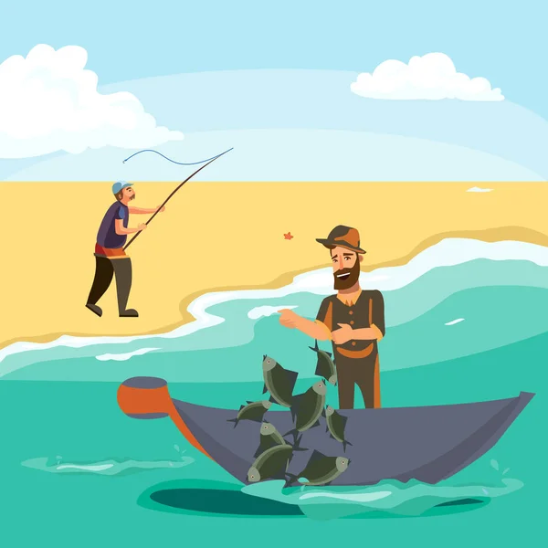 Kreskówka rybak stojący w kapeluszu i ściąga netto na łodzi z morza, szczęśliwy, fishman posiada połowu ryb i spin vecor ilustracja fisher rzucił wędką do wody pojęcie, charakter człowieka aktywnego hobby — Wektor stockowy