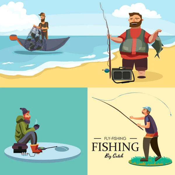 Happy fisherman stands and holds in hand fishing rod with spinning and fish catch, bag with fishman spin and equipment, funny cartoon vector illustration, Man active vacation banner or Flyer concept — Stock Vector